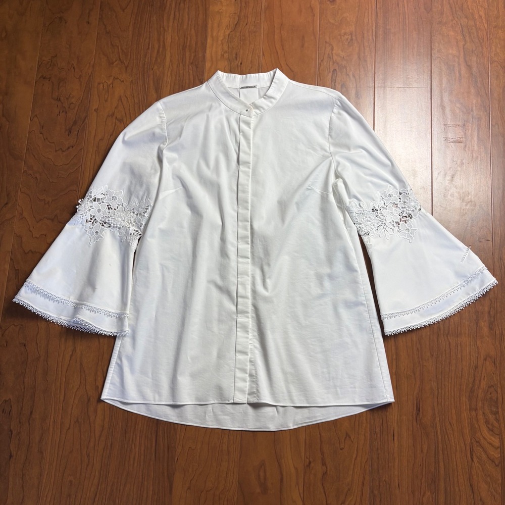 Elie Tahari White Lace Bell Sleeve Mandarin Collar Blouse EN817508 Size Small